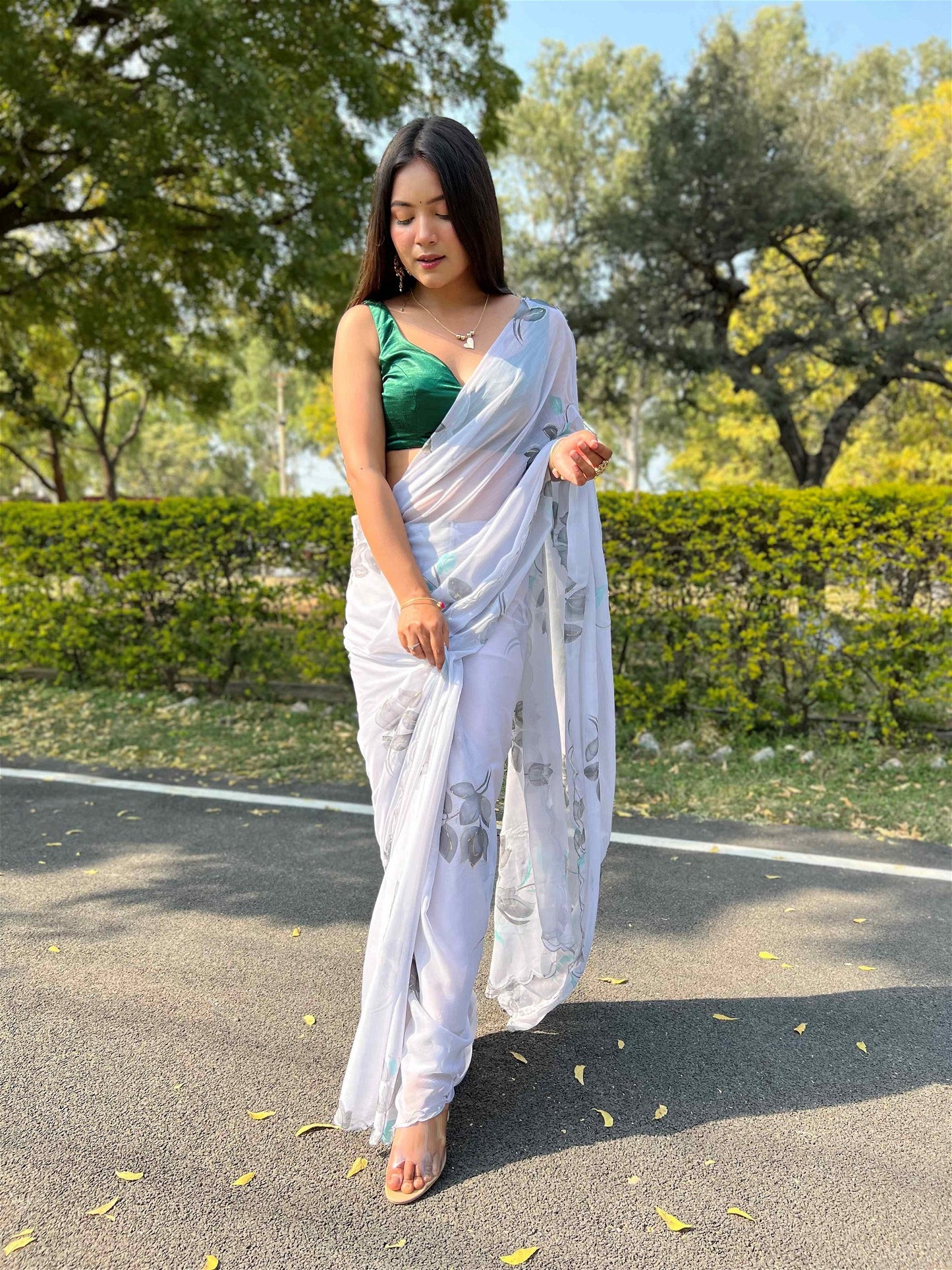 Grey Colour Chiffon Digital With Foil Print Saree For Women's