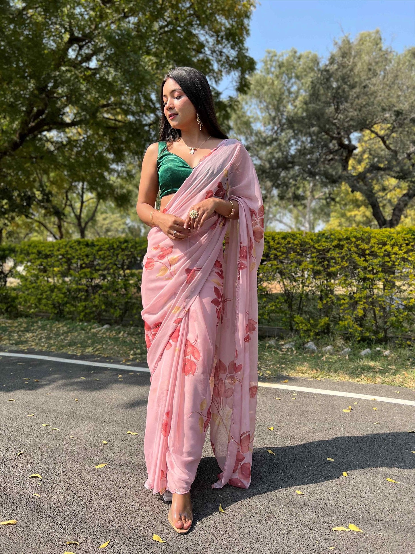 Pink Colour Chiffon Digital With Foil Print Saree For Women's