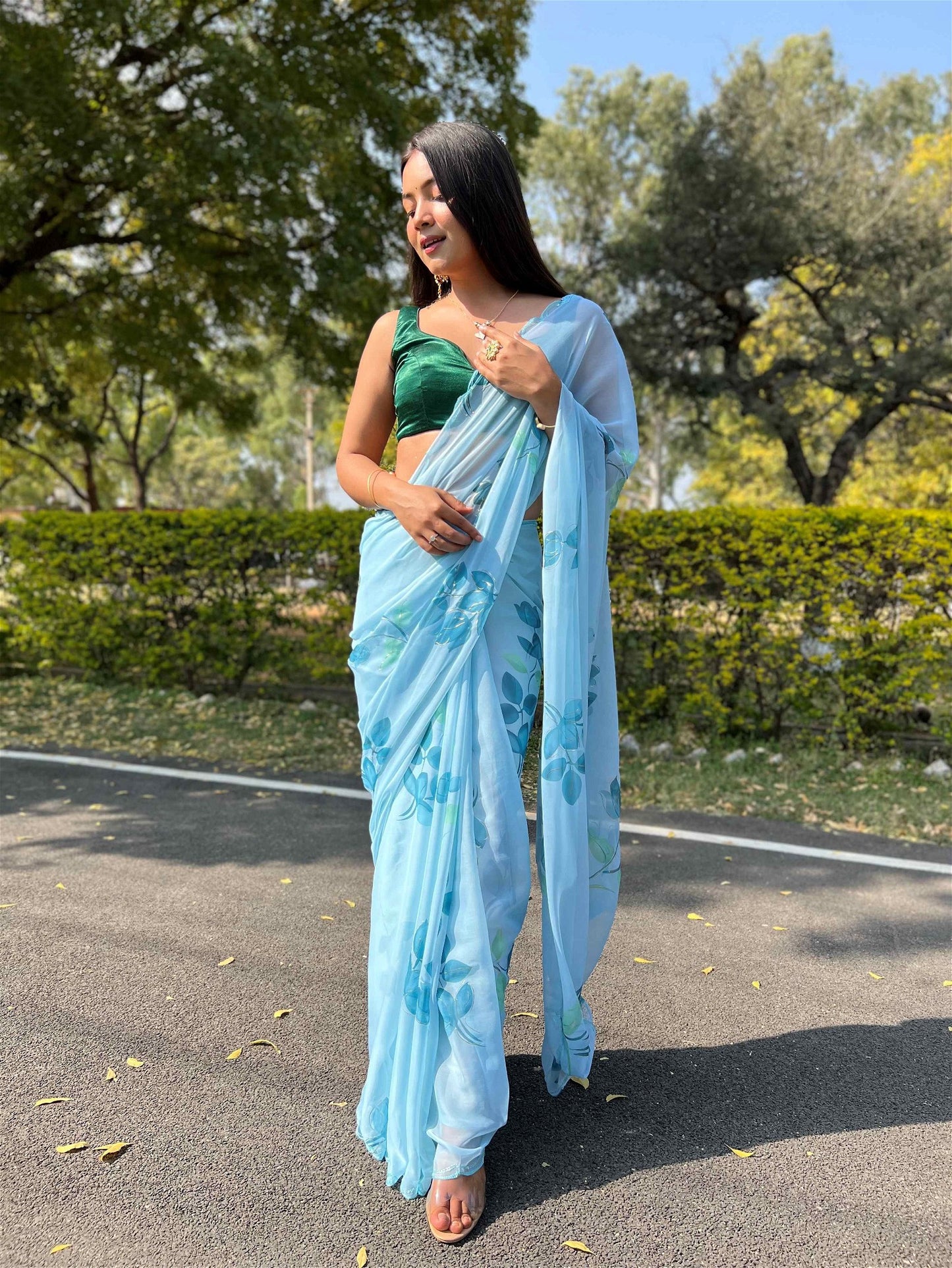 Sky Blue Colour Chiffon Digital With Foil Print Saree For Women's