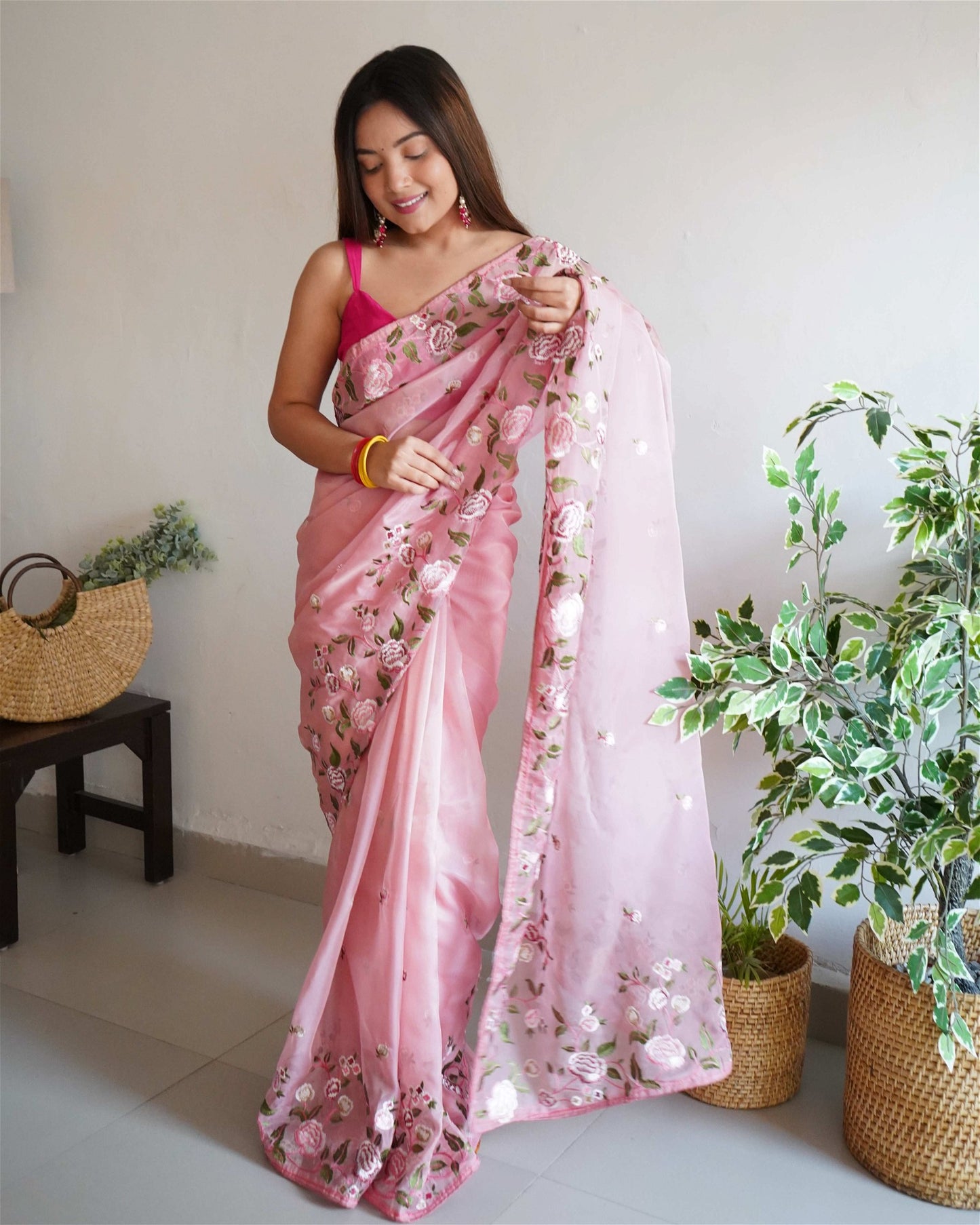 Pink Colour Organza Embroidery Work Saree For Women's