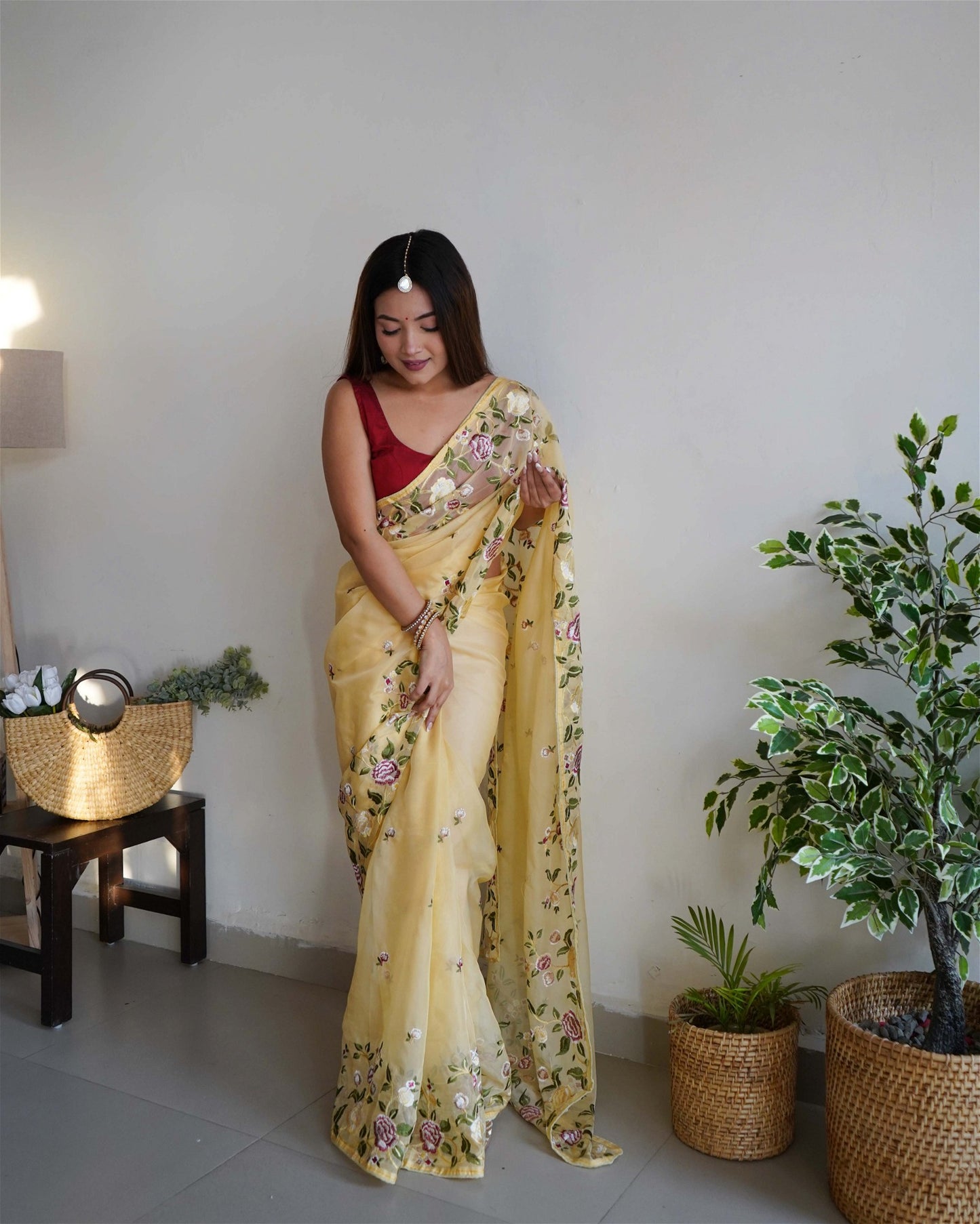 Yellow Colour Organza Embroidery Work Saree For Women's