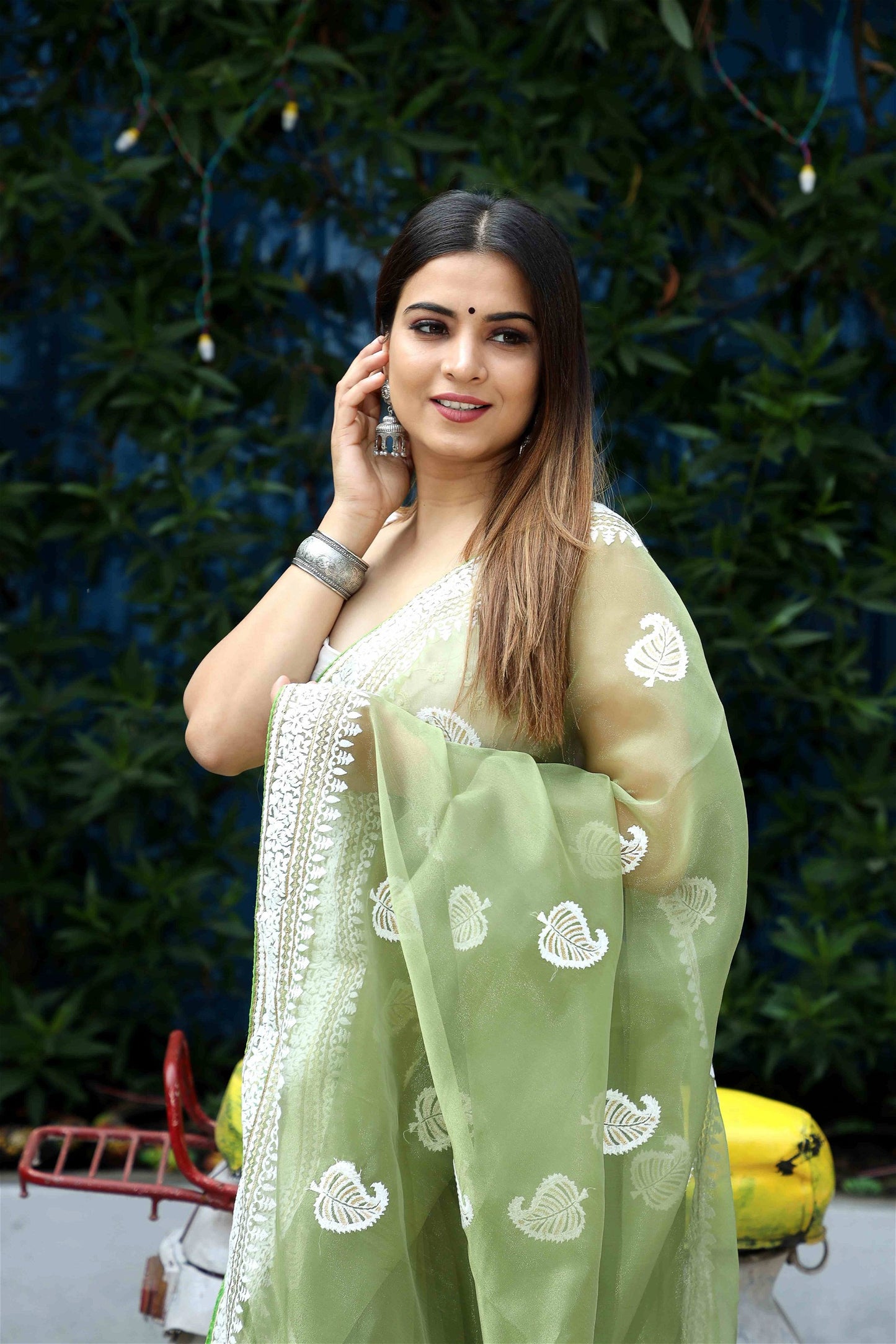 Green Colour Organza Embroidery With Piping Work Saree For Women's