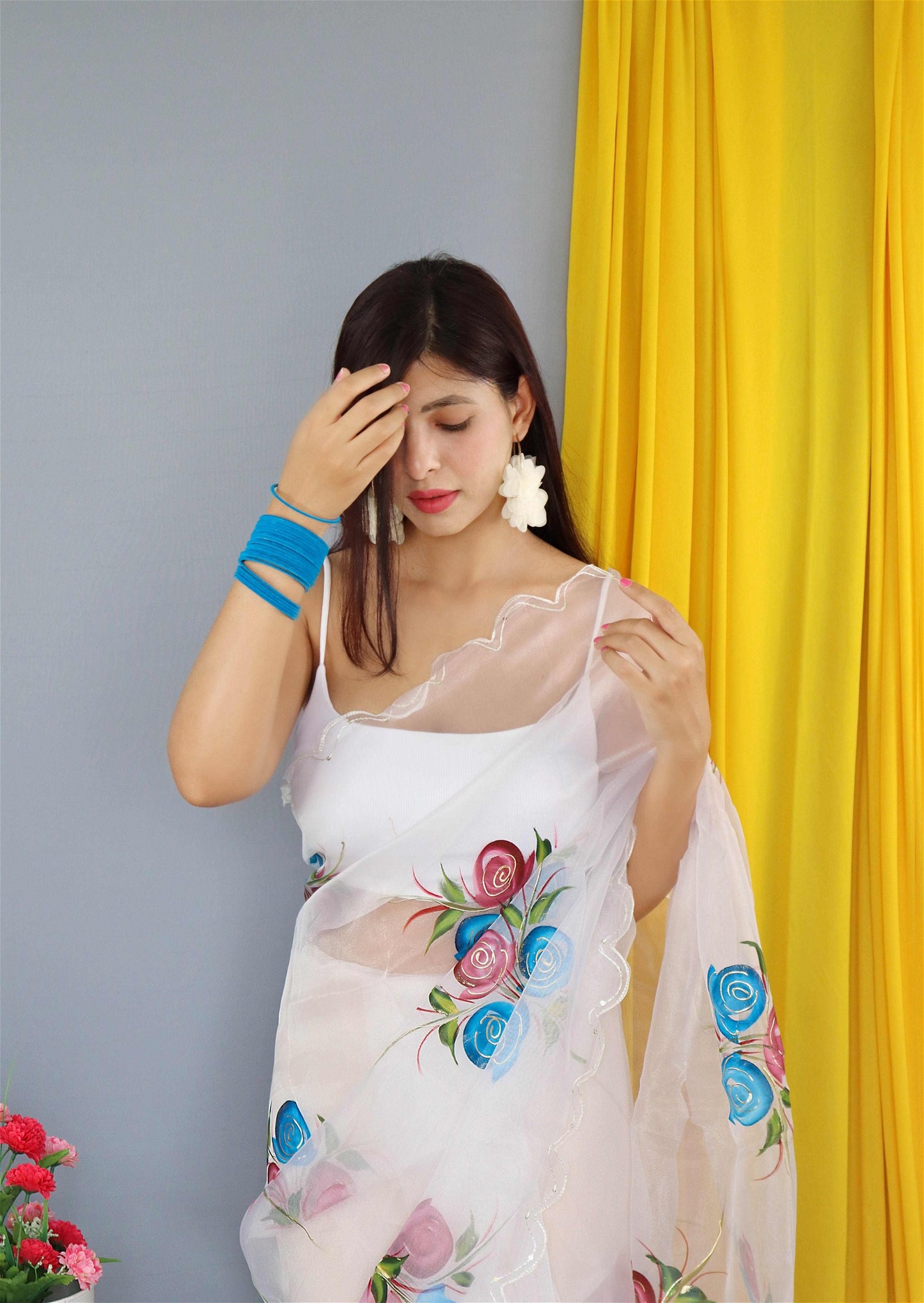 White Colour Nylon Organza Hand Print With Foil Work Saree For Women's