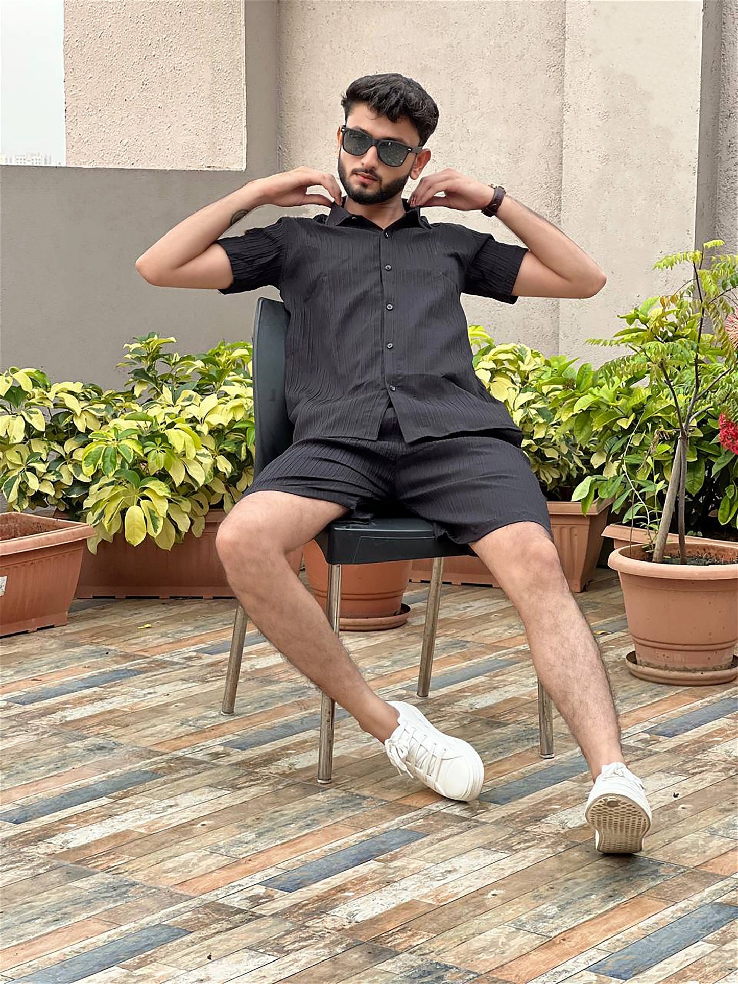 Black Men's Casual Wear Shirt And Shorts Pair