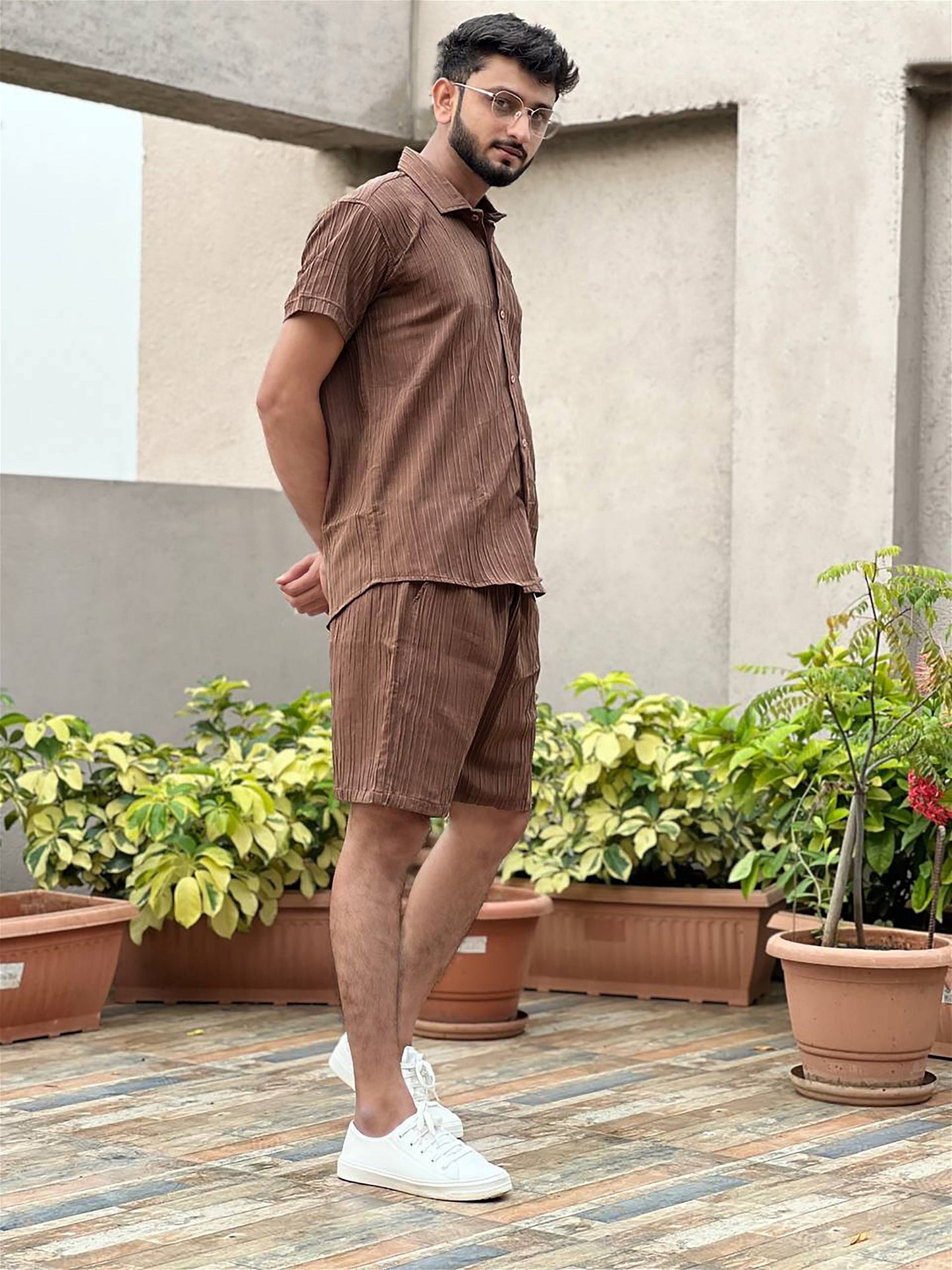 Brown Men's Casual Wear Shirt And Shorts Pair