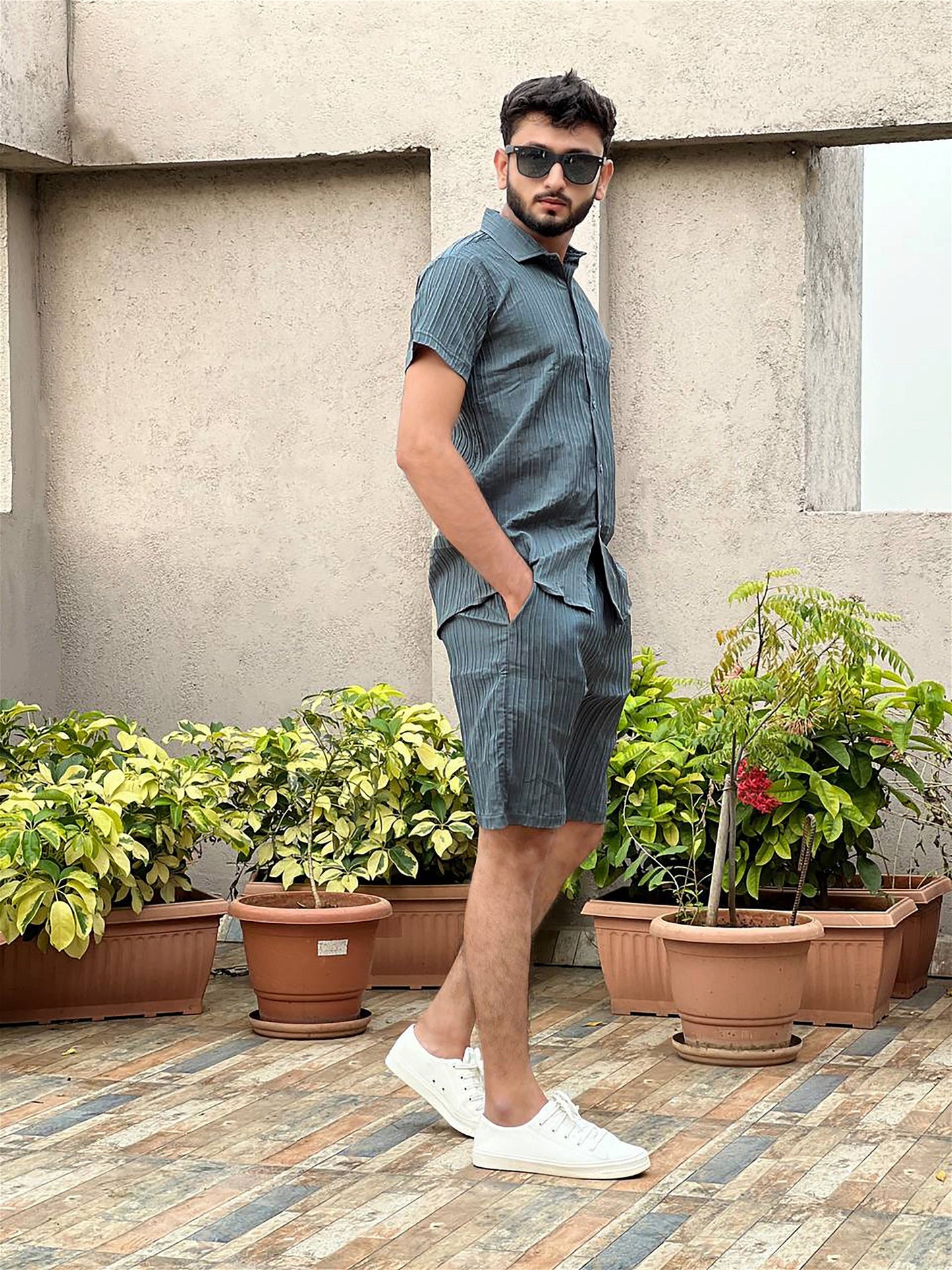 Grey Men's Casual Wear Shirt And Shorts Pair