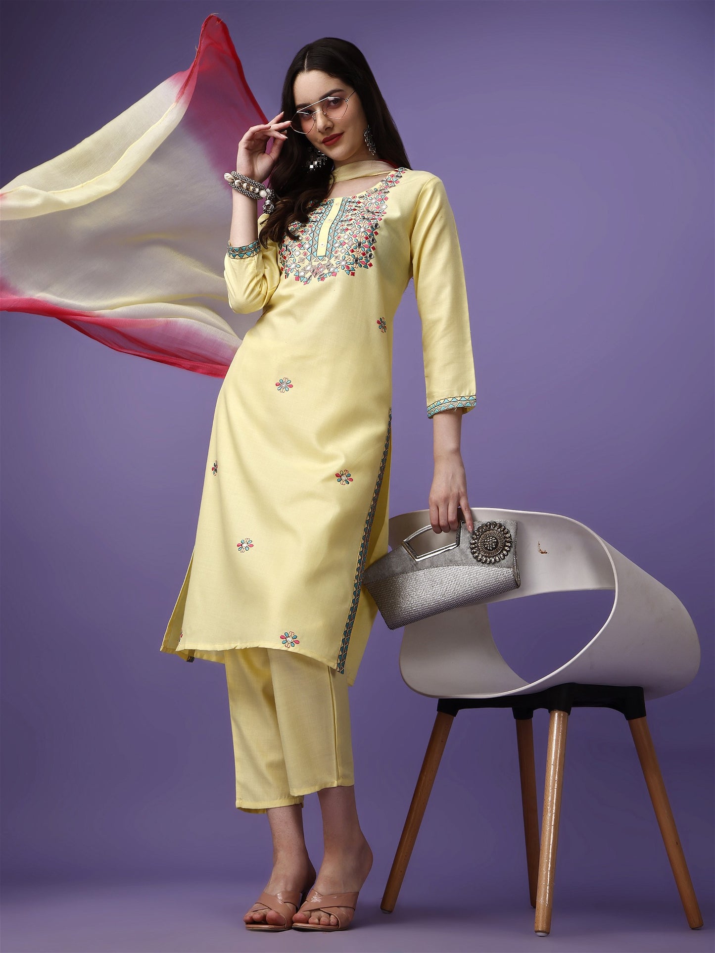 Yellow Party Wear Embroidery Worked Kurta With Pant And Duppata Set