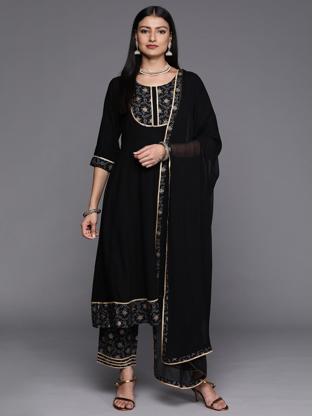 Black Party Wear Embroidery Worked Kurta With Pant And Duppata Set