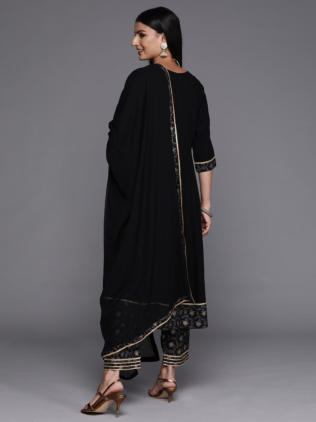 Black Party Wear Embroidery Worked Kurta With Pant And Duppata Set