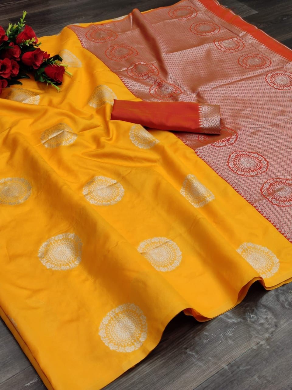 Yellow and Red Beautiful Rich Pallu and Jacquard Soft Silk Saree