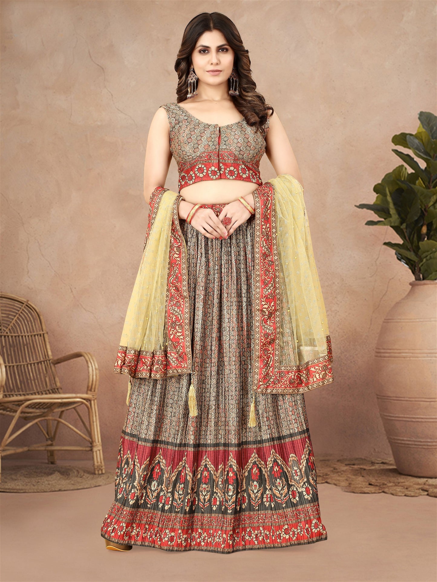 Multi Color Digital Printed Crape Pleated Lehenga Choli For Women