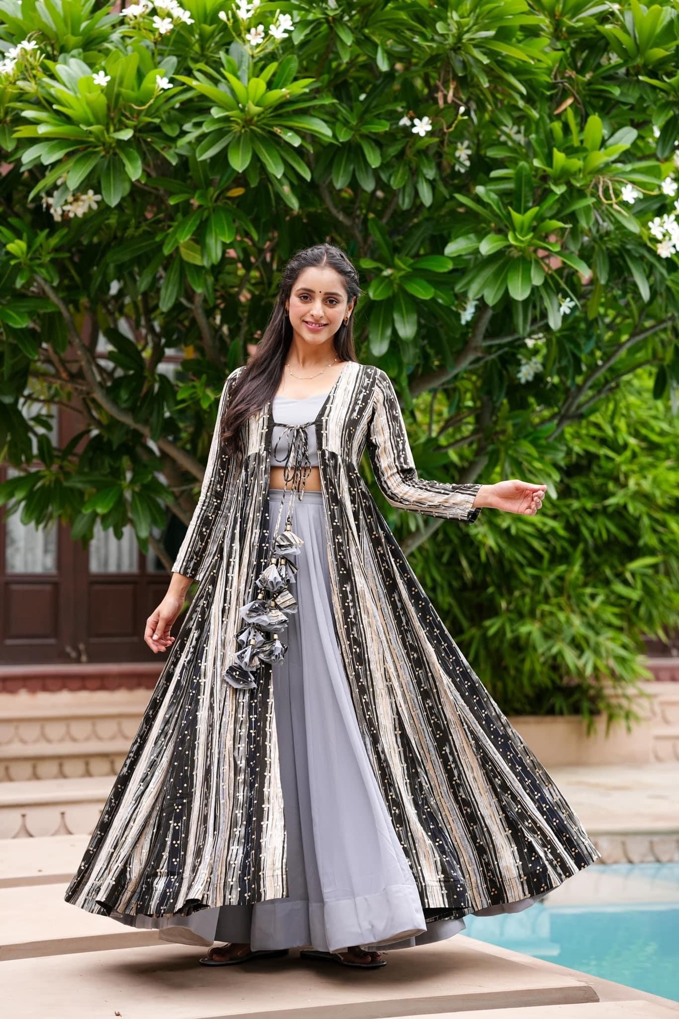 Light Gray Printed Shrug Style Indo Western Gown For Women
