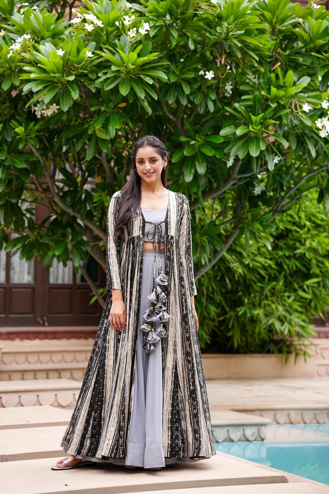 Light Gray Printed Shrug Style Indo Western Gown For Women