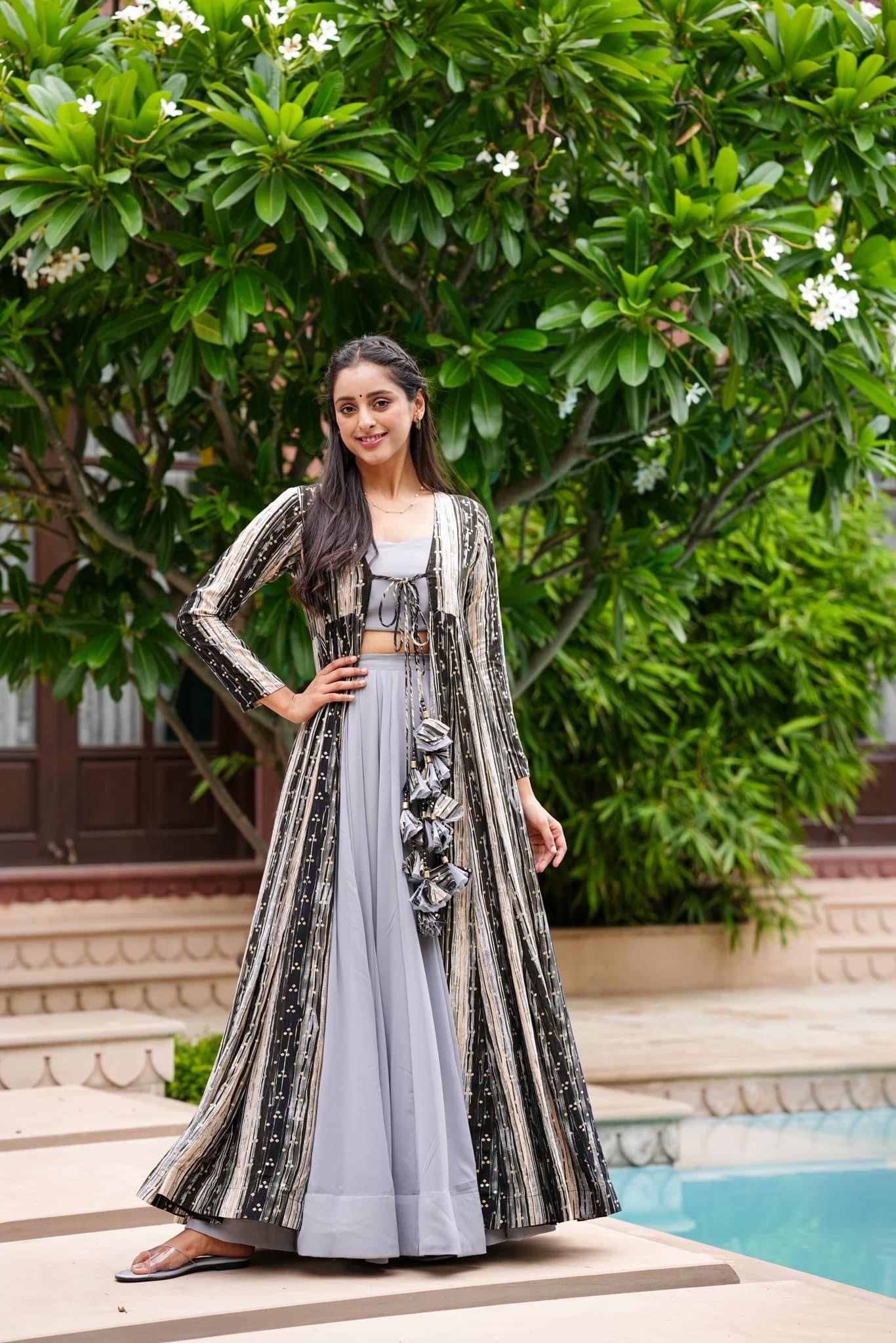 Light Gray Printed Shrug Style Indo Western Gown For Women