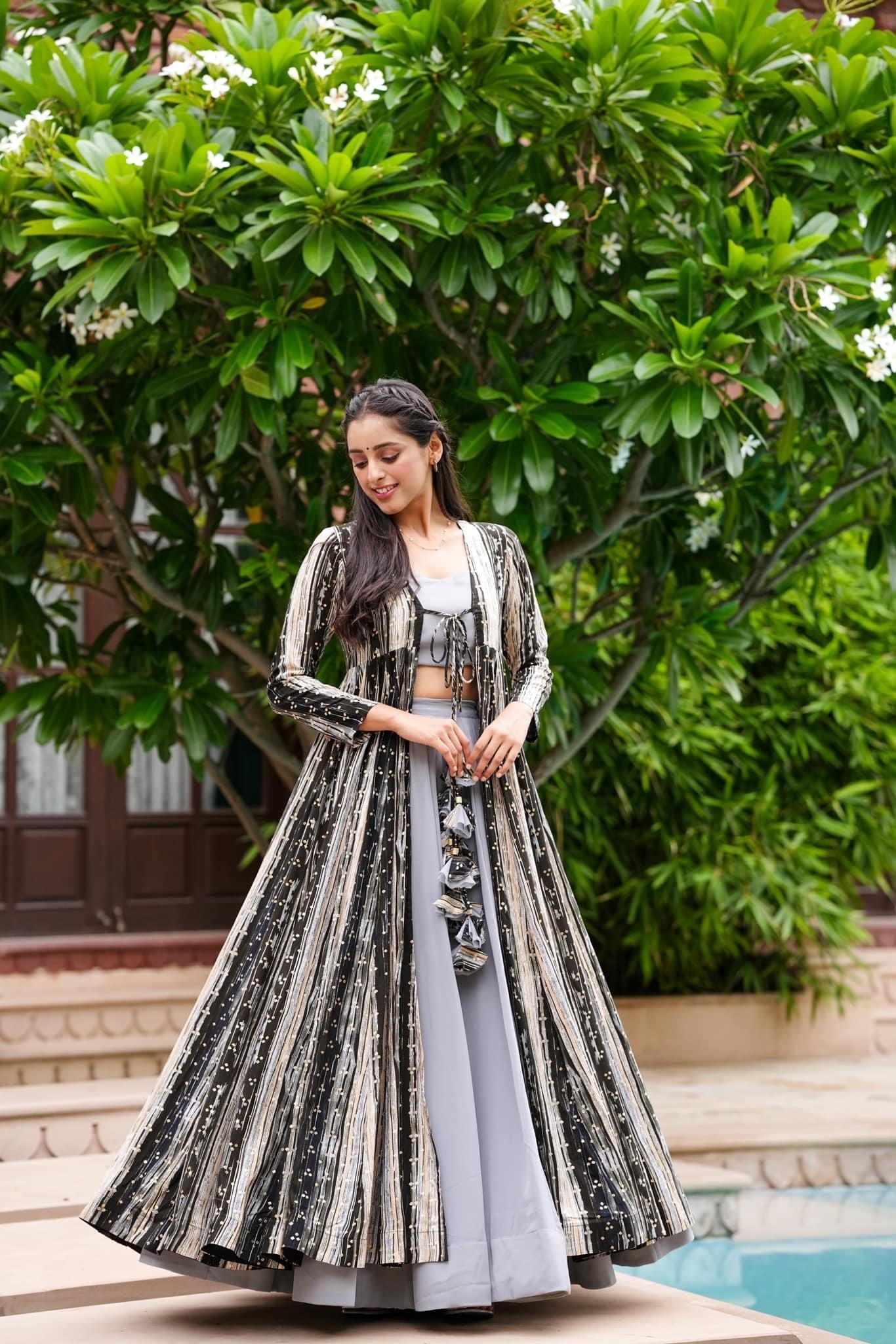 Light Gray Printed Shrug Style Indo Western Gown For Women