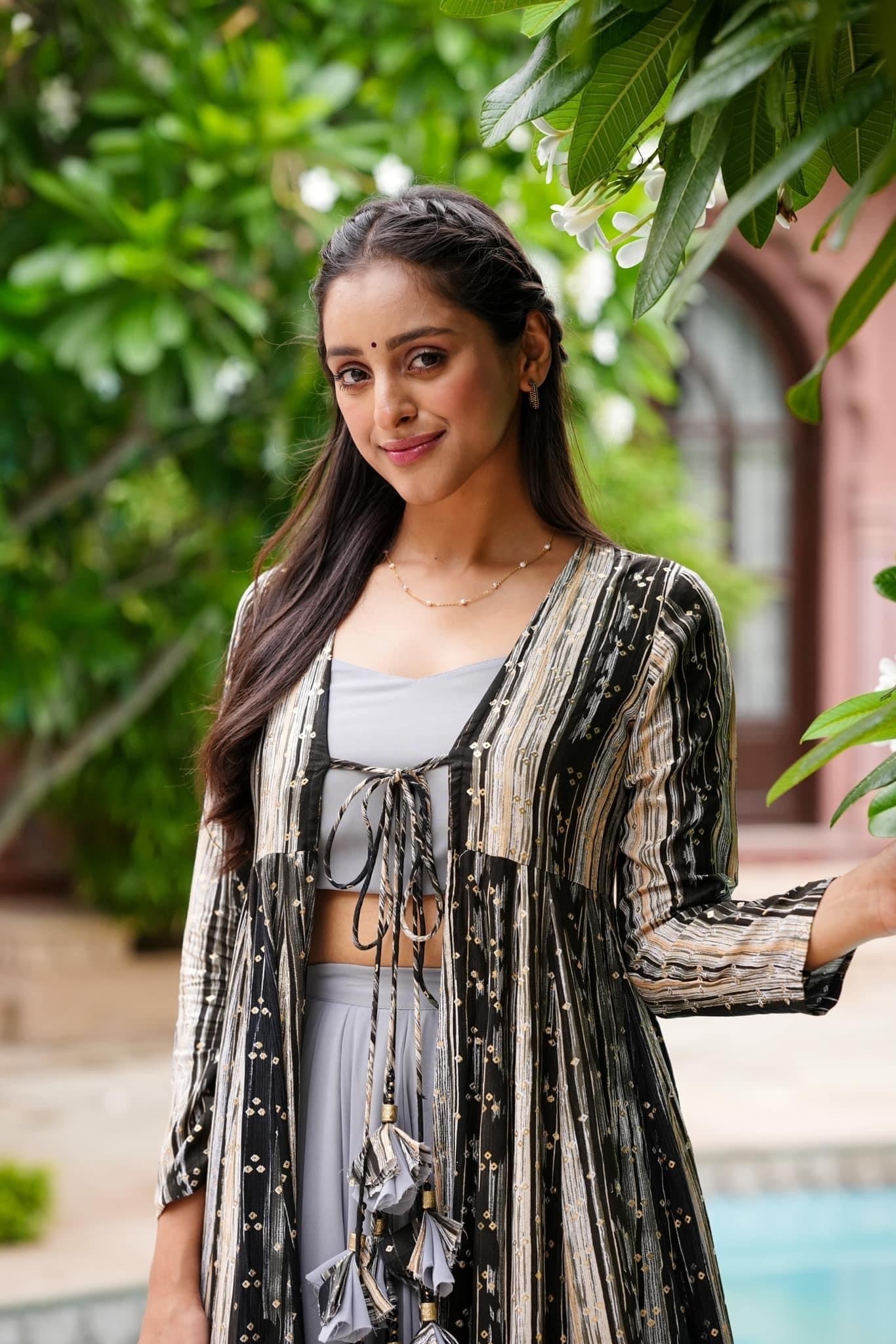 Light Gray Printed Shrug Style Indo Western Gown For Women