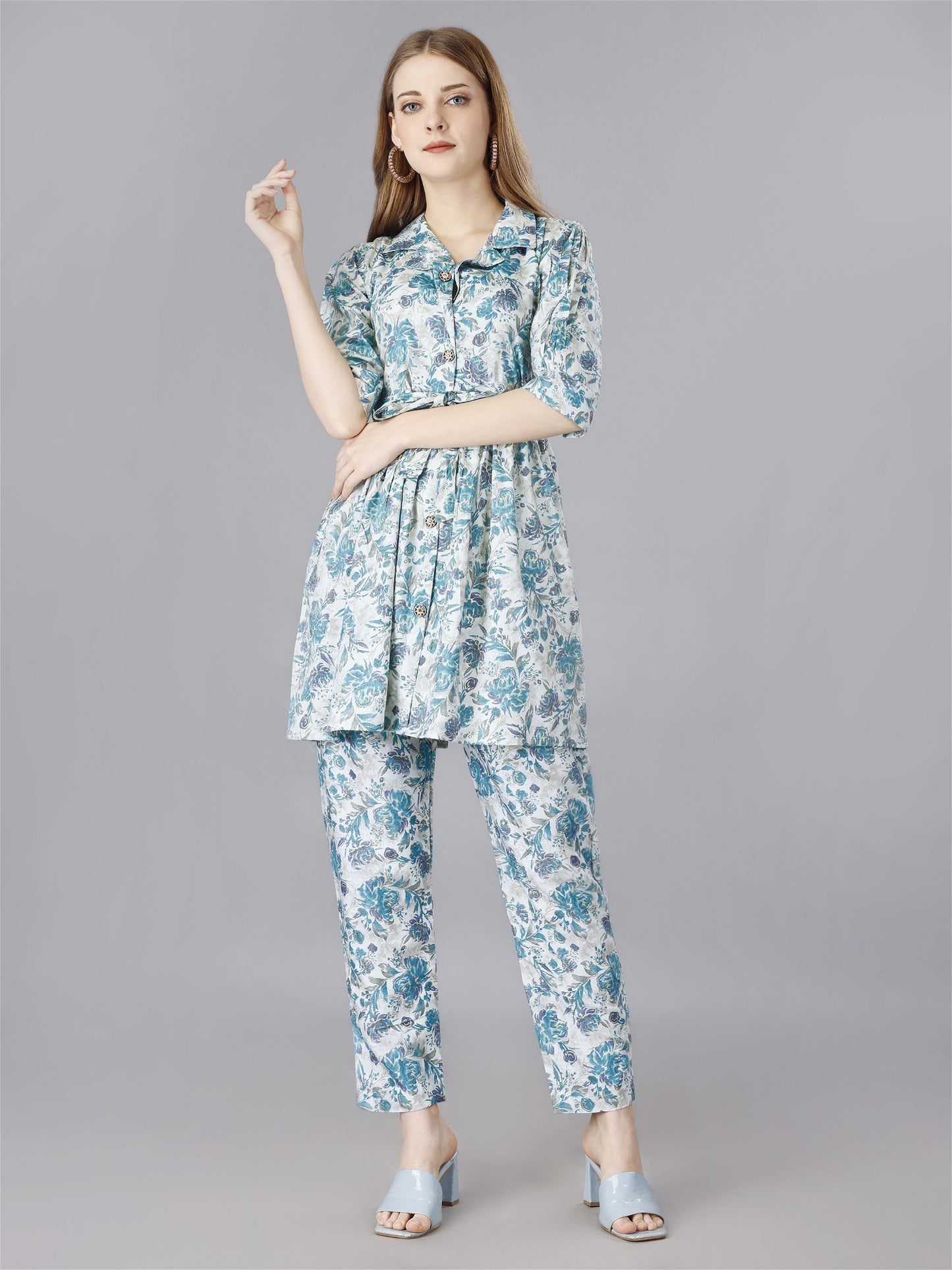 Printed Blue 2-Piece Shirt & Trousers Set