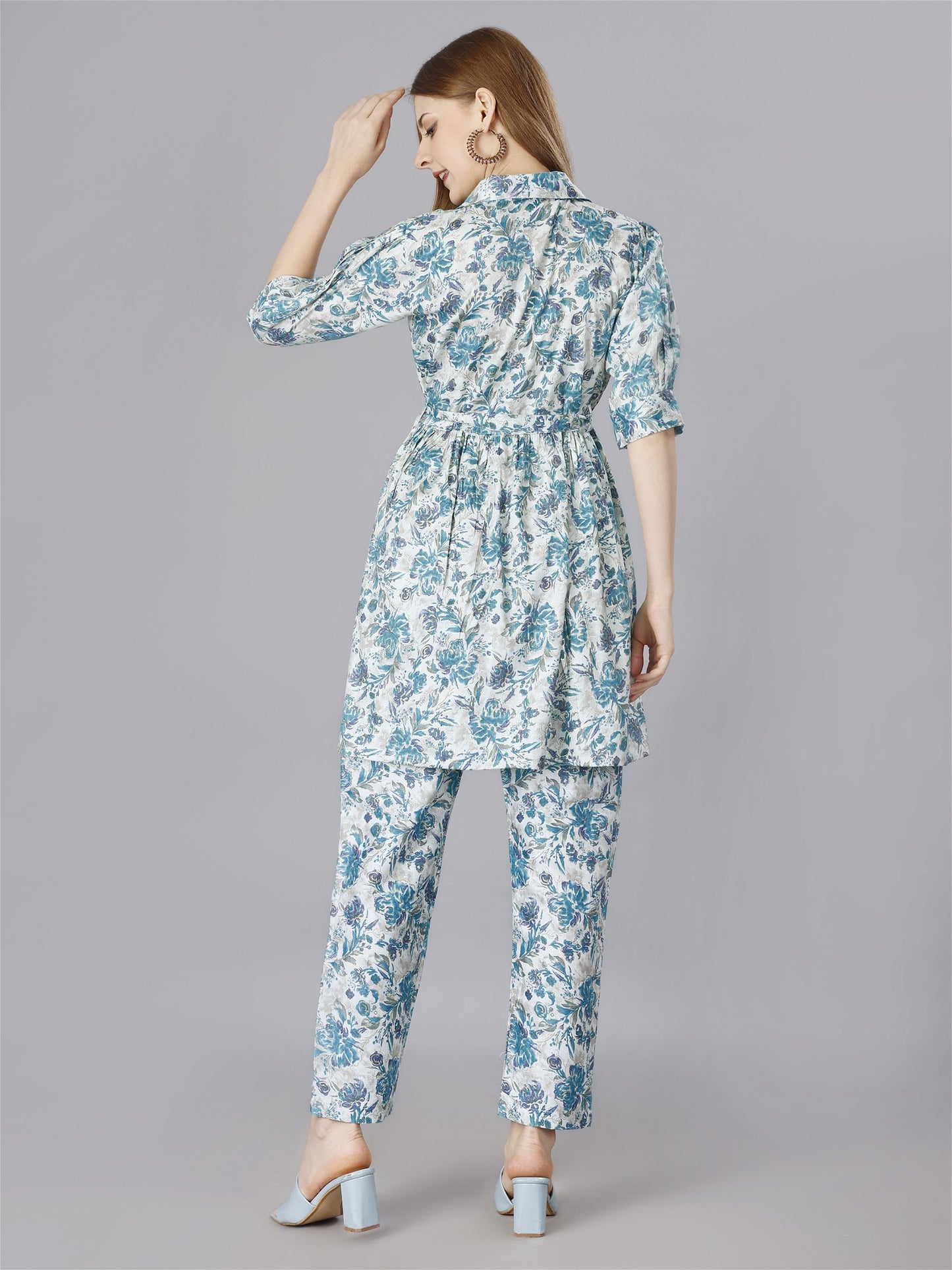 Printed Blue 2-Piece Shirt & Trousers Set