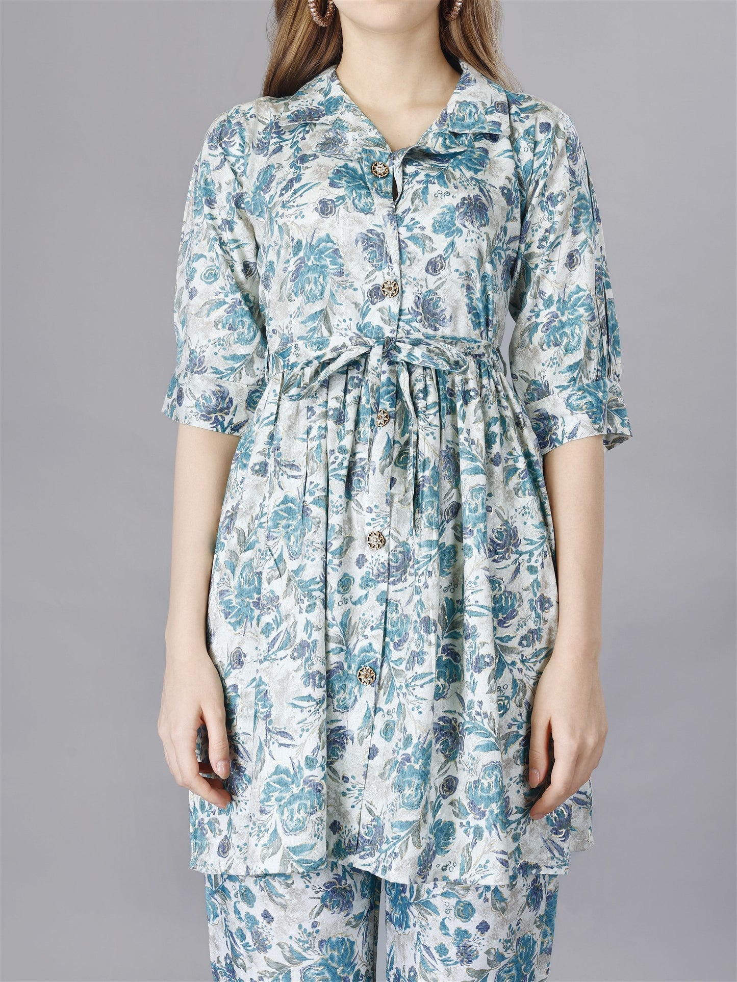 Printed Blue 2-Piece Shirt & Trousers Set