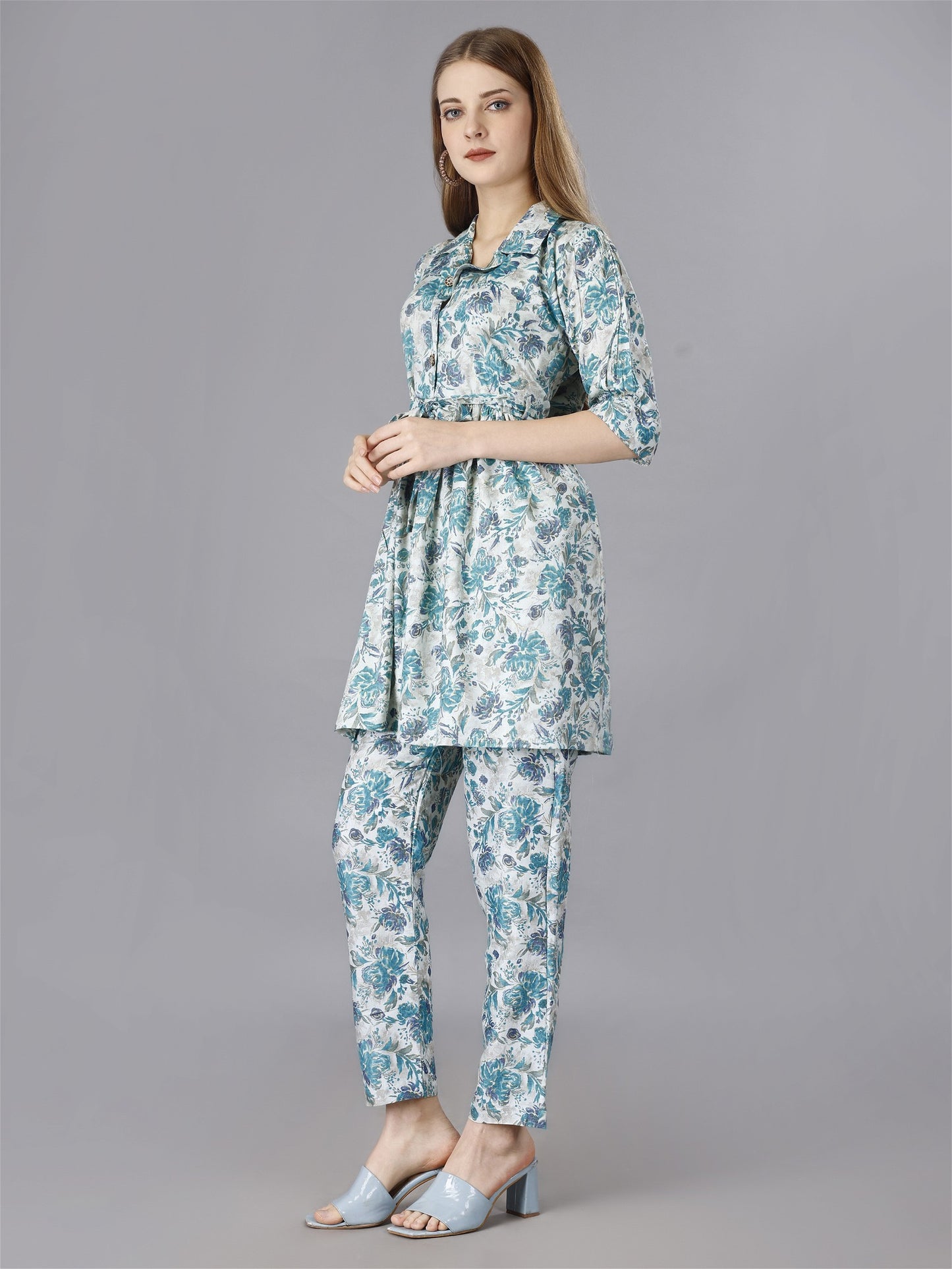 Printed Blue 2-Piece Shirt & Trousers Set