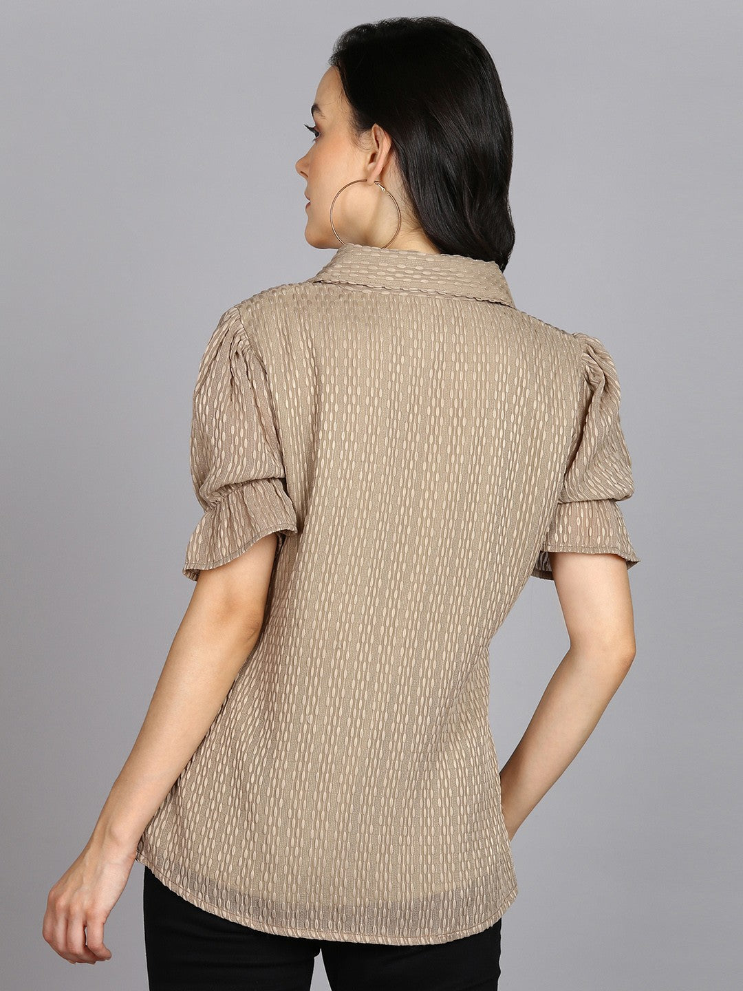 Beige Spread Collar Shirt with Short Sleeves
