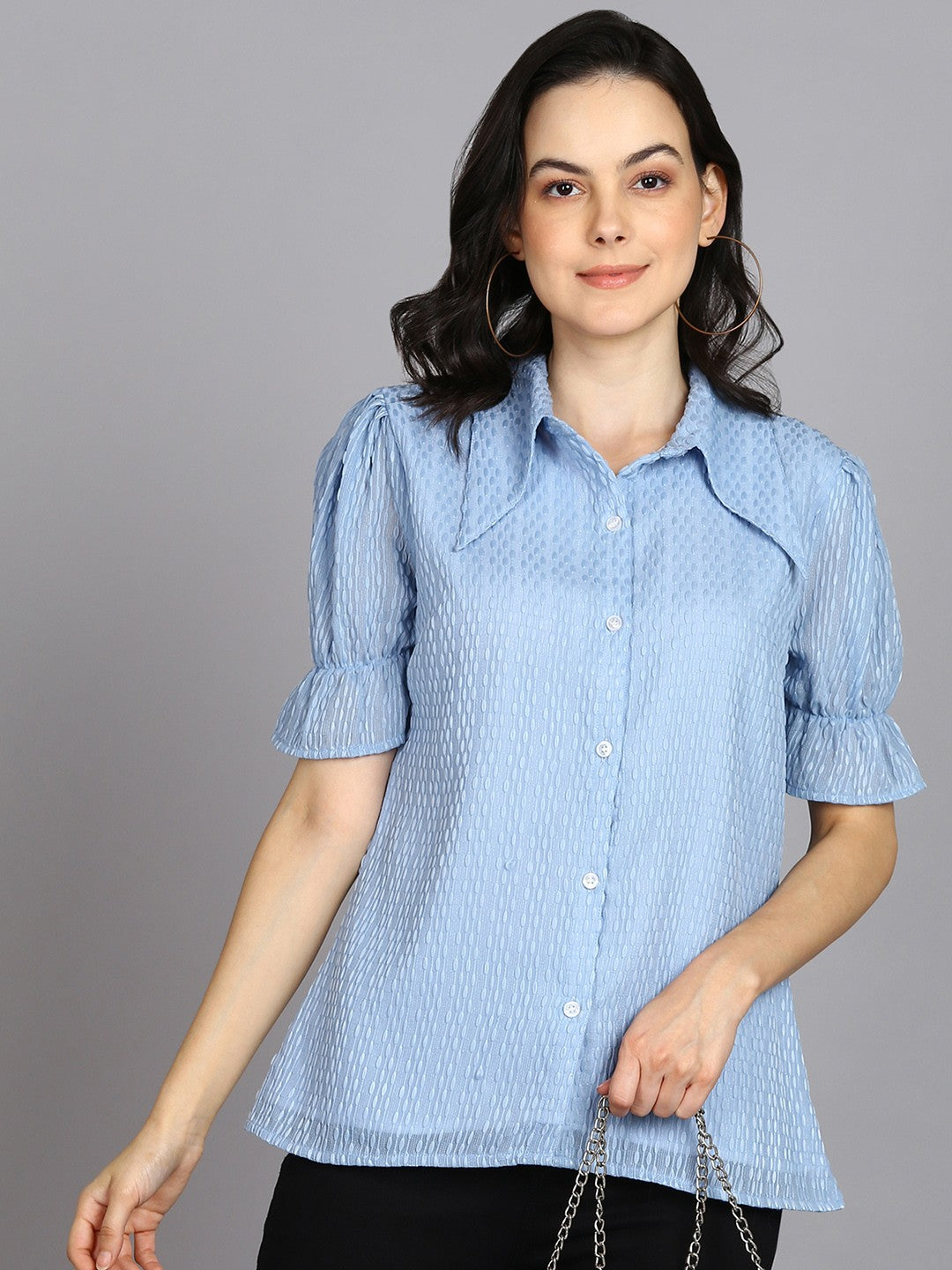 Casual Regular Sleeves Self Design Women Sky Blue Top
