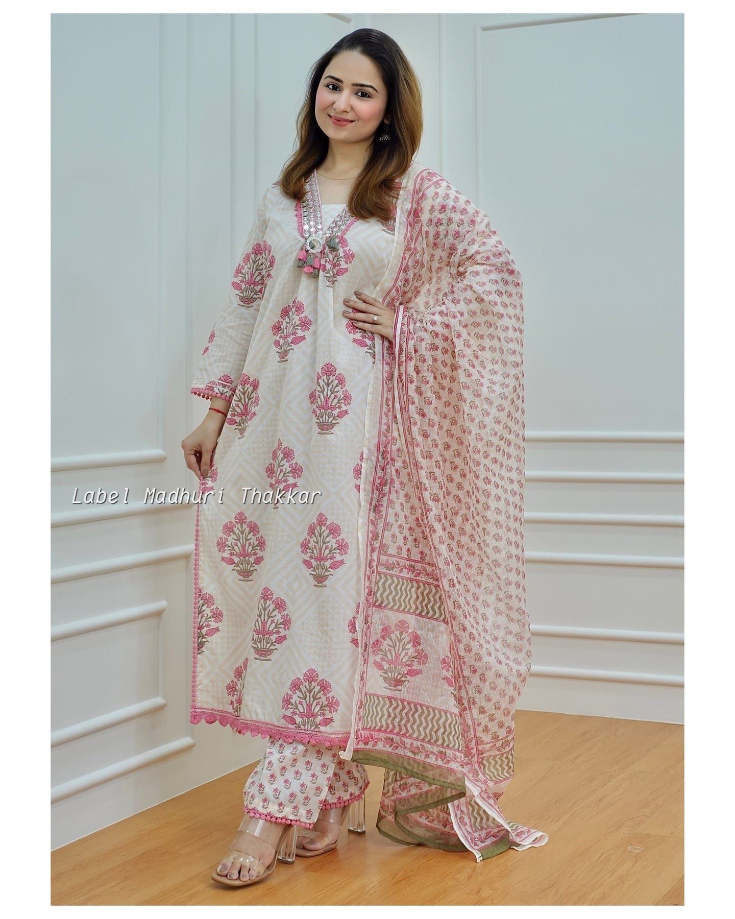 New Trending Offwhite And Pink Color Pure Cotton Floral Printed Top And Bottom With Dupatta