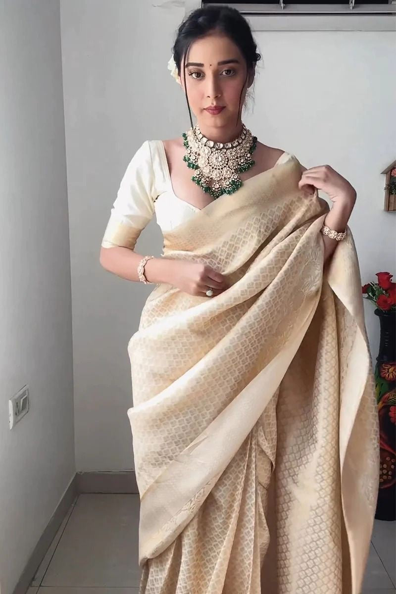 Wedding Wear Cream Color Rich Pallu Ready To wear One Minute saree