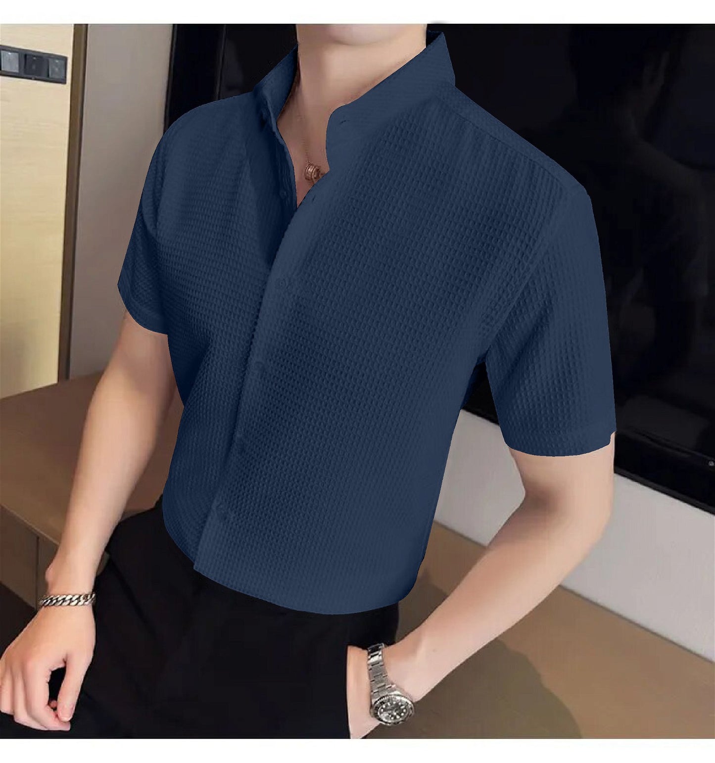 Navy Blue Colour Men's Casual Wear Short Sleeve Shirt