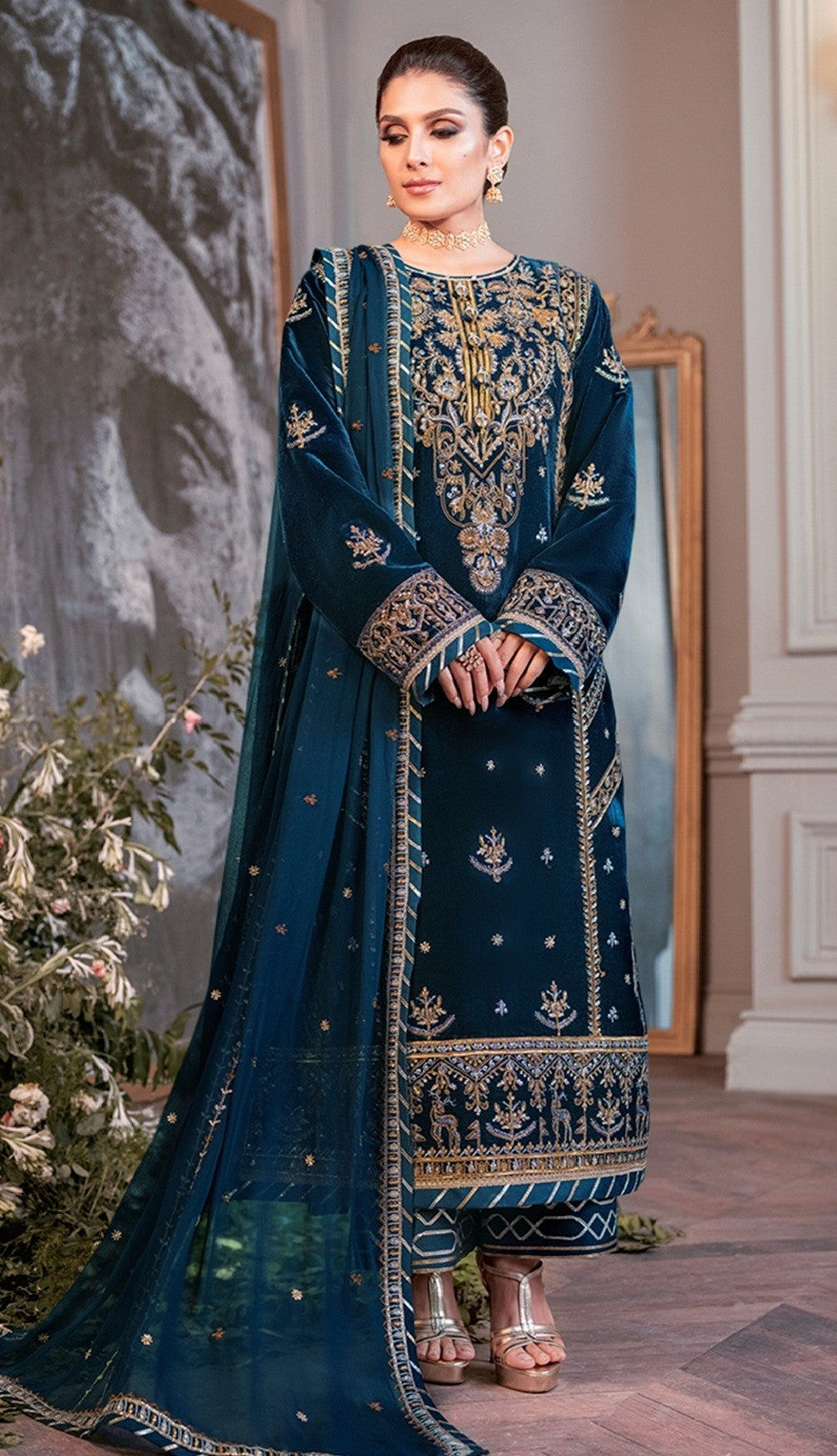 Teal Blue Color Winter Collection Heavy Embroidered Velvet Salwar Suit