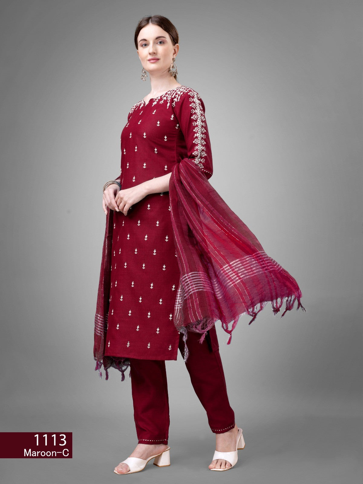 Women's Maroon Color Cotton Bland Embroidery With Sequence Work Kurta Pant With Dupatta Set