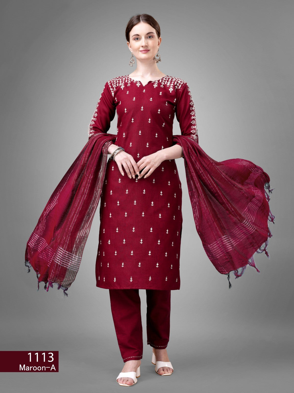 Women's Maroon Color Cotton Bland Embroidery With Sequence Work Kurta Pant With Dupatta Set