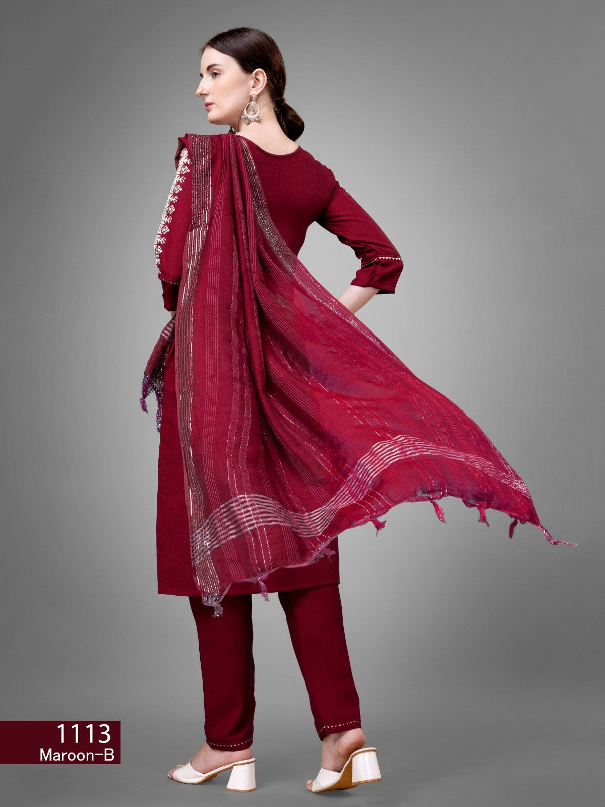 Women's Maroon Color Cotton Bland Embroidery With Sequence Work Kurta Pant With Dupatta Set