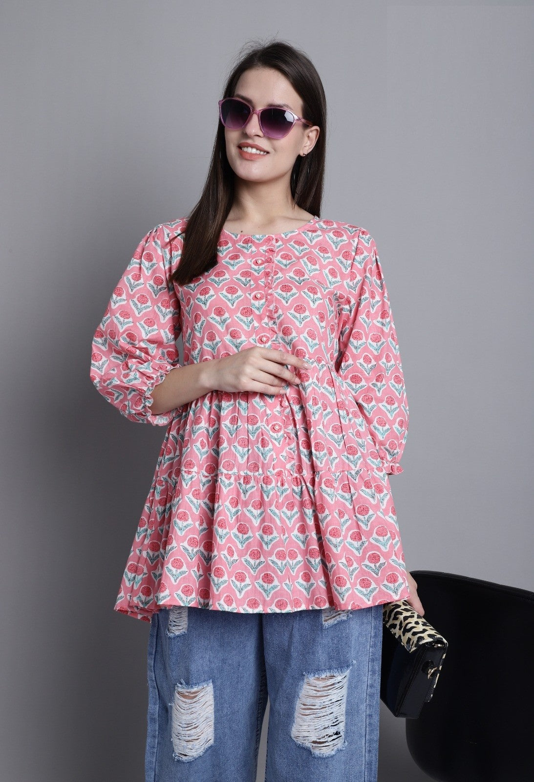 Pink Pure cotton Jaipuri Printed Short Top