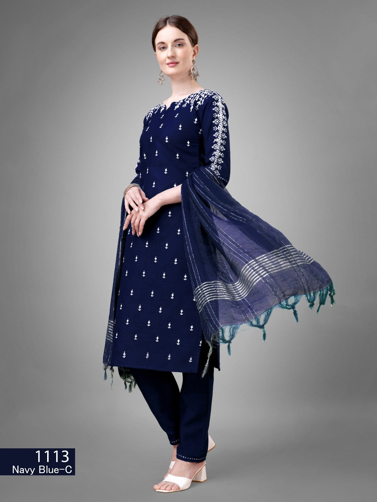 Dark Blue Kurti Set Cotton Blend Kurti With Bottom Dupatta Collection