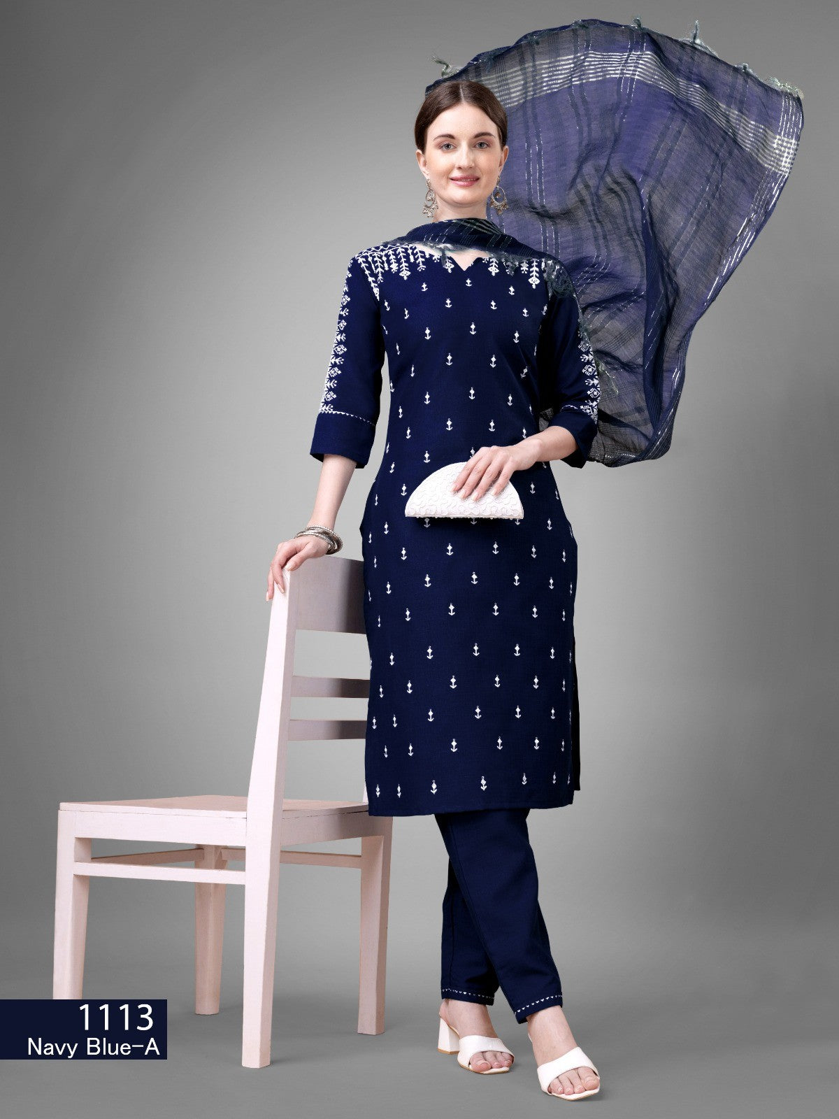 Dark Blue Kurti Set Cotton Blend Kurti With Bottom Dupatta Collection