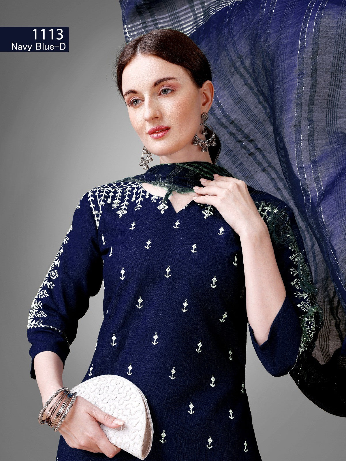 Dark Blue Kurti Set Cotton Blend Kurti With Bottom Dupatta Collection