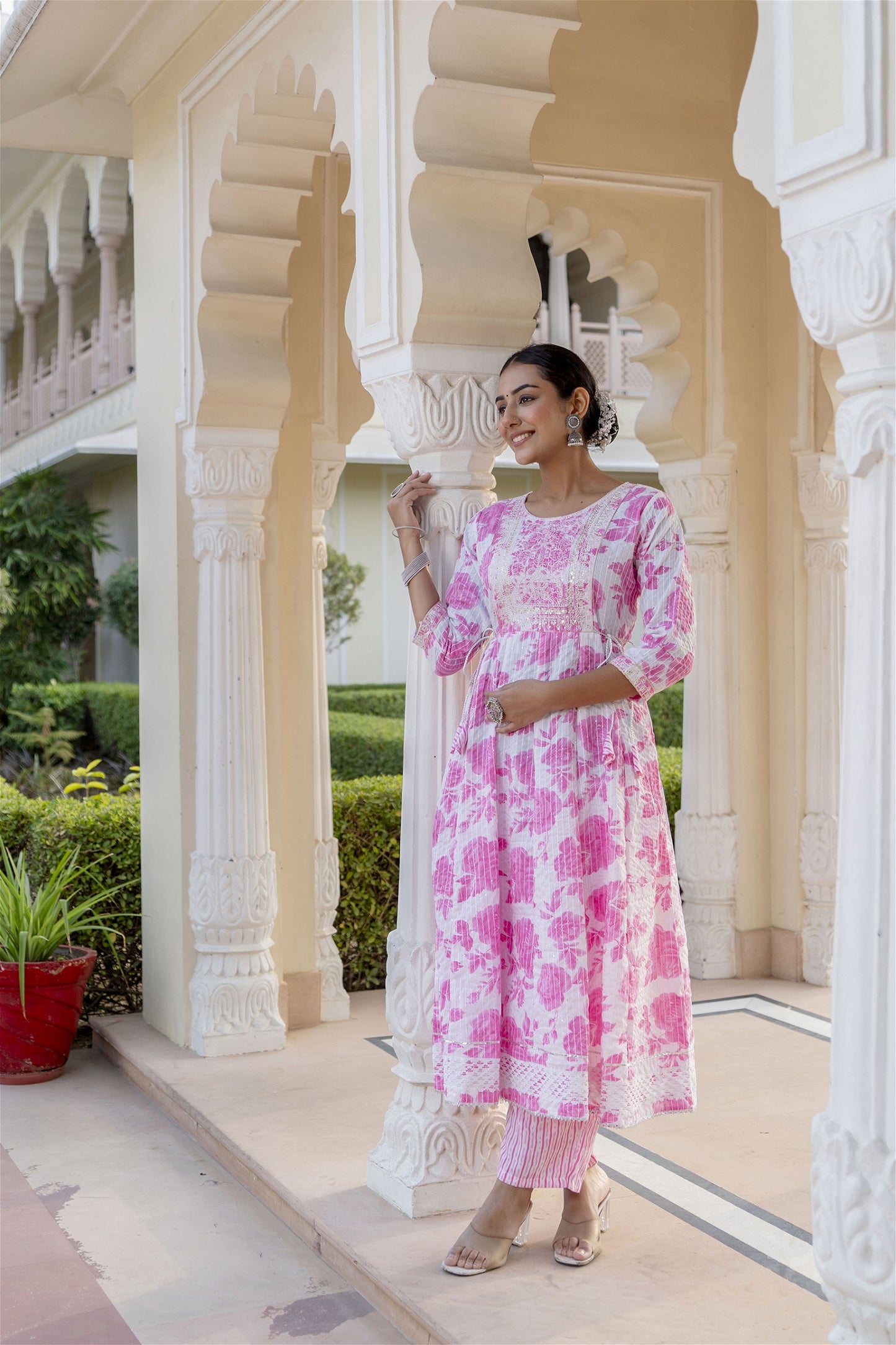 Pink Women Rayon Kurta Pant Dupatta Set