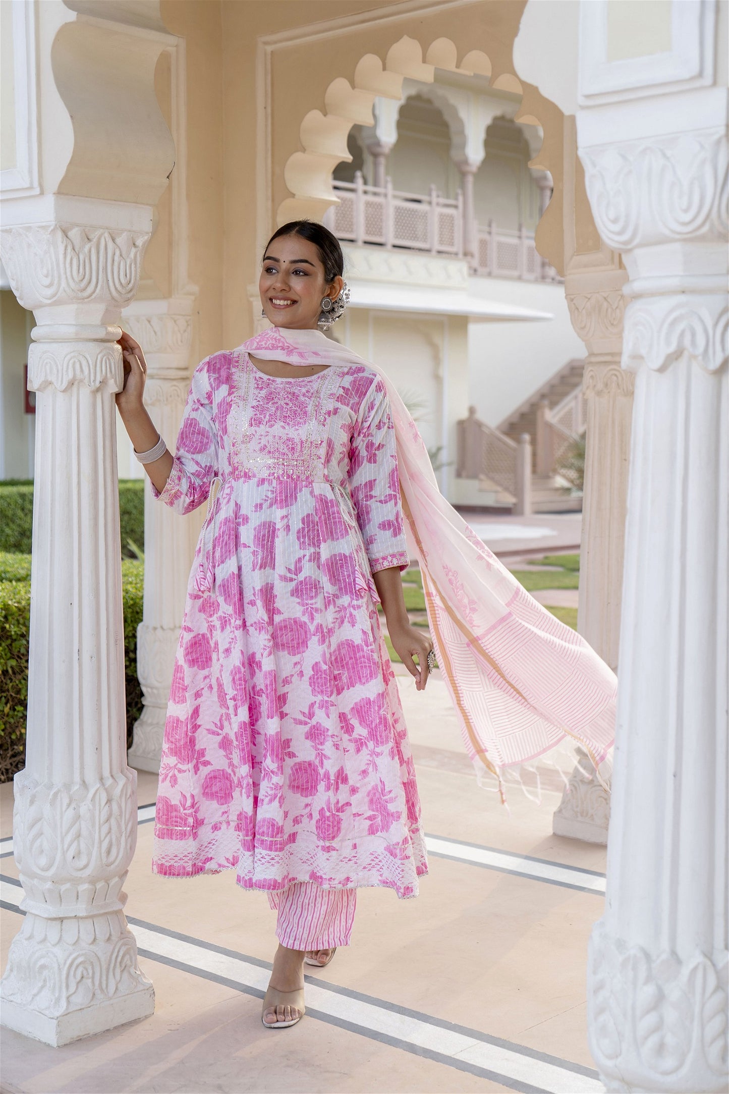 Pink Women Rayon Kurta Pant Dupatta Set