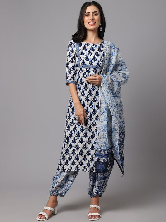 Blue & White Printed Fancy Kurti With Bottom Dupatta set