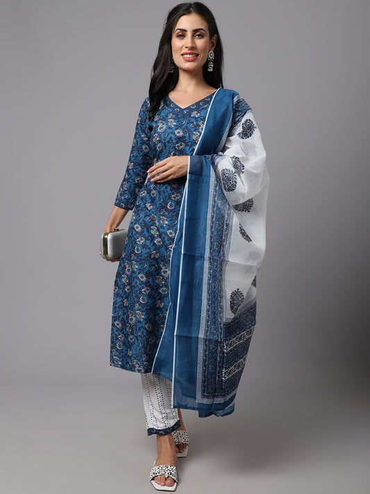 Dark Blue & White Printed Fancy Kurti With White Bottom & Dupatta set