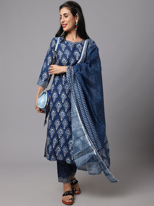 Neavy Blue Printed Fancy Kurti With Neavy Blue Bottom & Dupatta set