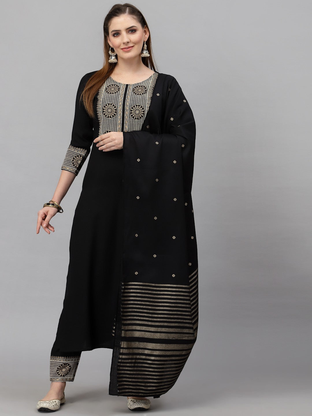 Black Printed Fancy Kurti With Bottom & White Dupatta set