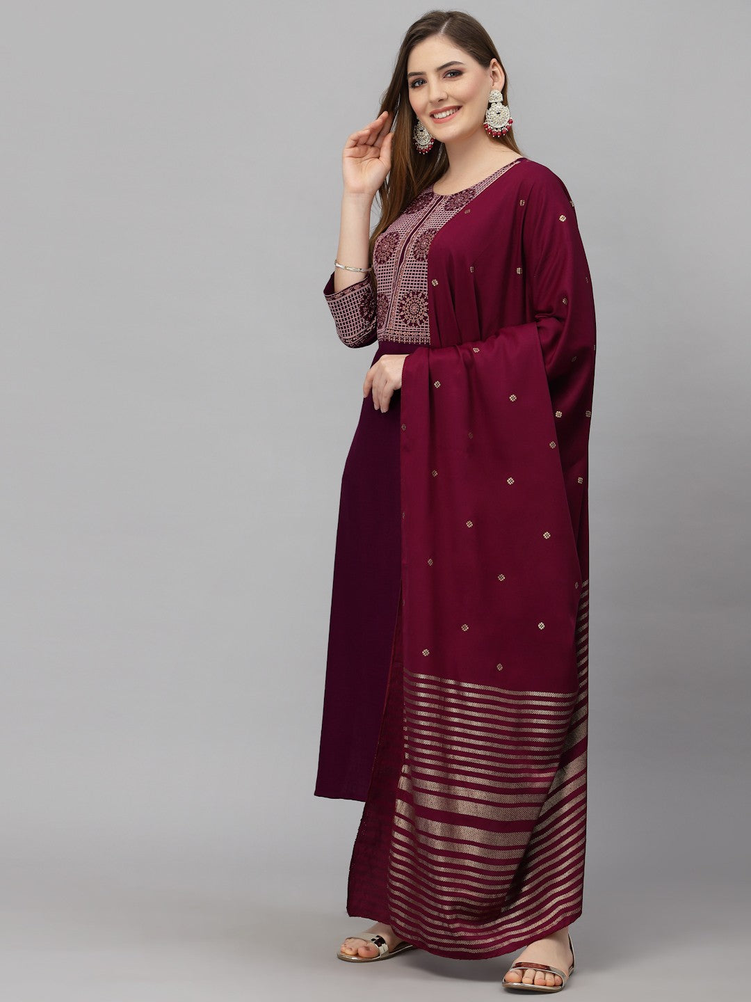 Maroon Fancy Kurti With Bottom & White Dupatta set