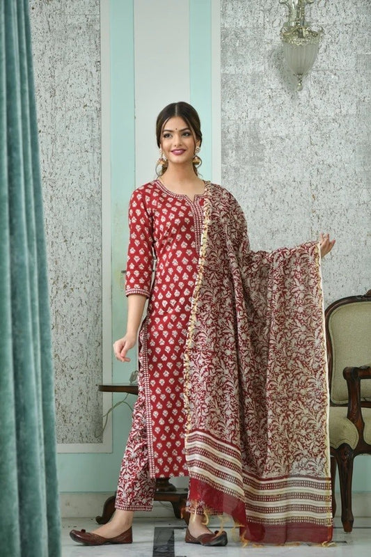 Red & Cream Printed Fancy Kurti With Bottom & White Dupatta set