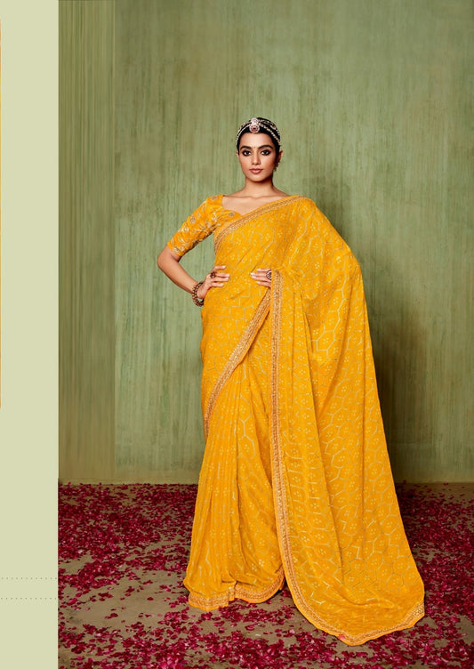 Yellow Chiffon Foil Printed Bandhani Saree
