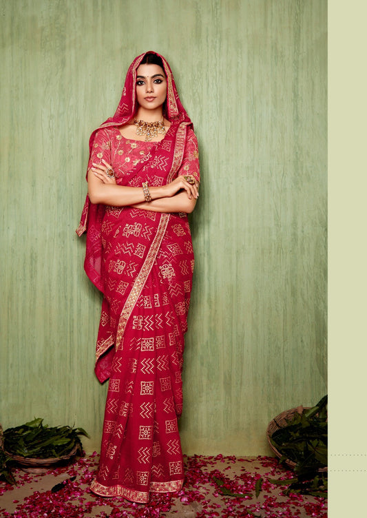 Red Chiffon Foil Printed Bandhani Saree