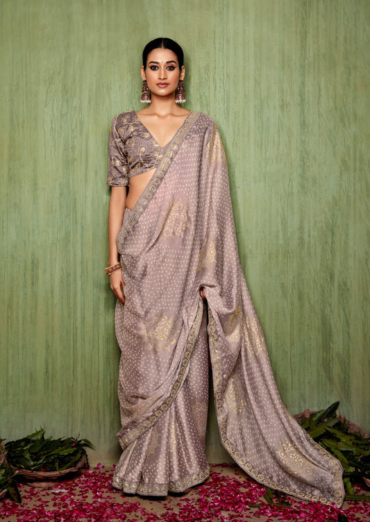 Light Brown Chiffon Foil Printed Bandhani Saree