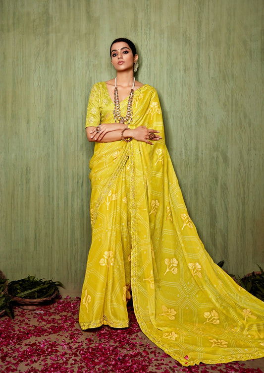 Parrot Green Chiffon Foil Printed Bandhani Saree