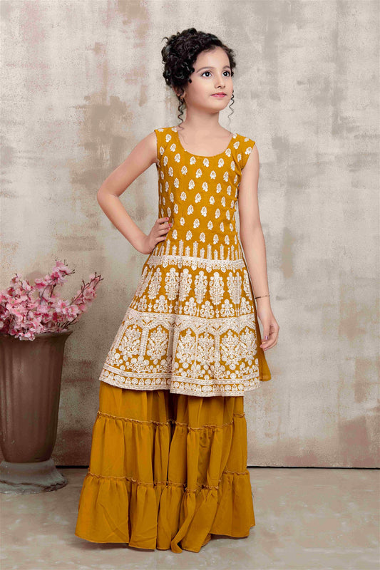 Mustard Georgette Thread Work Palazzo Salwar Suit For Girl 1001D